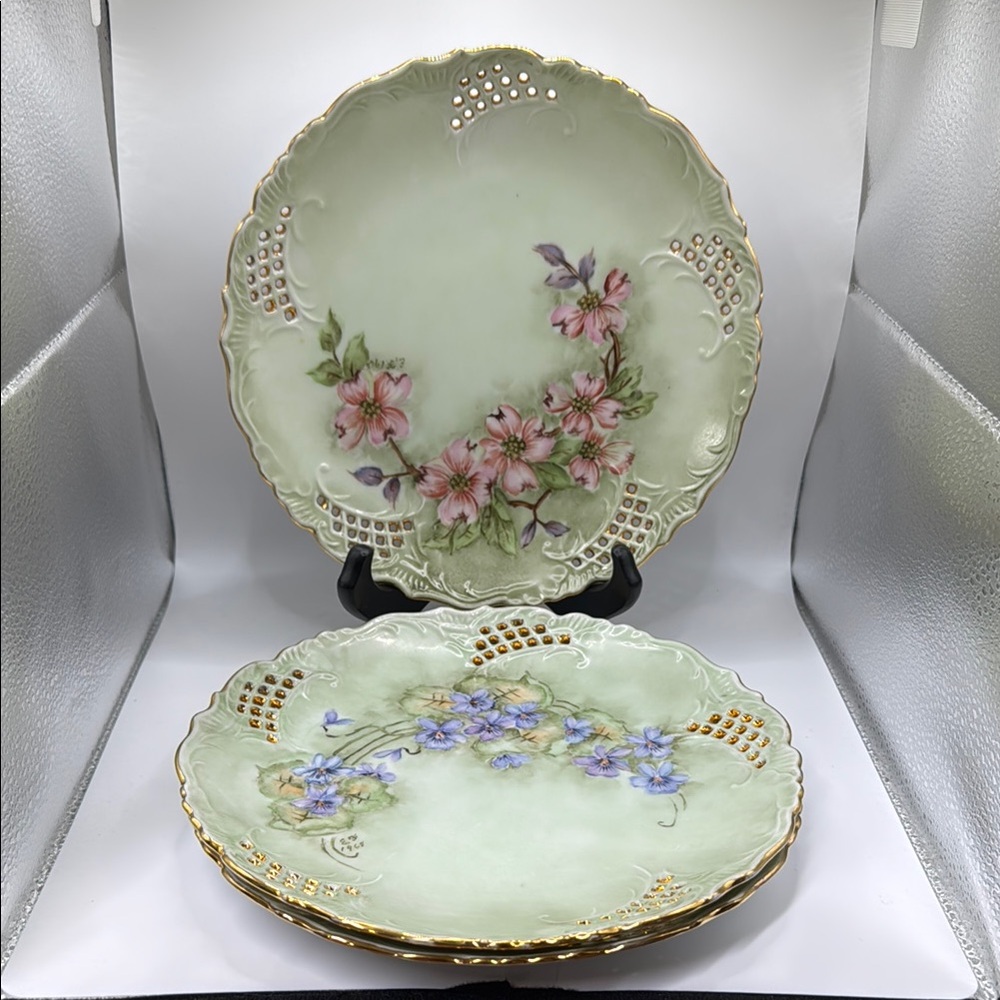 China
RS Germany Hand Painted Porcelain Plates Floral Design 8.25” Signed E. F.
